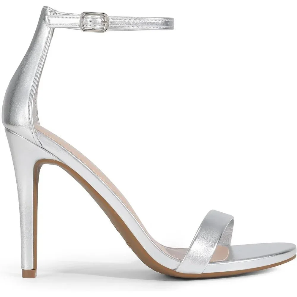 Women's Sliver-Metallic Flower Ankle Strap Stiletto Round Open Toe Stylish Heel